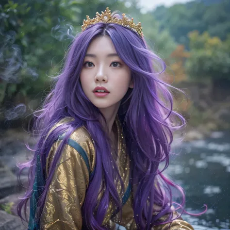 Genki Girl 32K（tmasterpiece，k hd，hyper HD，32K）Long flowing bright purple hair，Autumn Pond，zydink， a color， Asian people （Genki girl）， （Silk scarf）， Combat posture， looking at the ground， long whitr hair， Floating bright purple， Fire cloud pattern gold tiar...