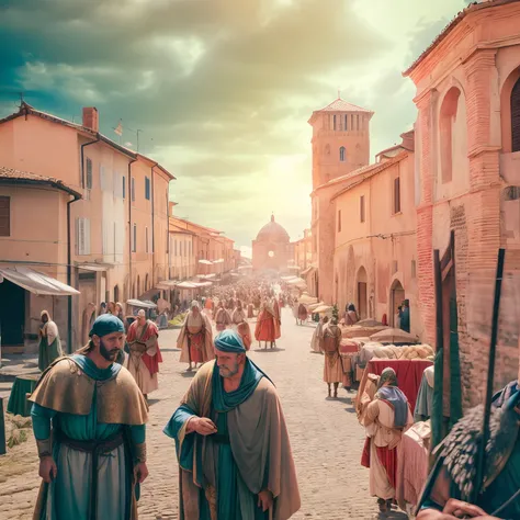 tem muita gente andando pela rua da cidade, cidade medieval, em uma cidade medieval, Mercado em Roma Antiga, viajantes andando pelas ruas, uma cidade medieval, cidade medieval, paisagem medieval da cidade, Scenario of the RoMano Festival, fotografium medie...