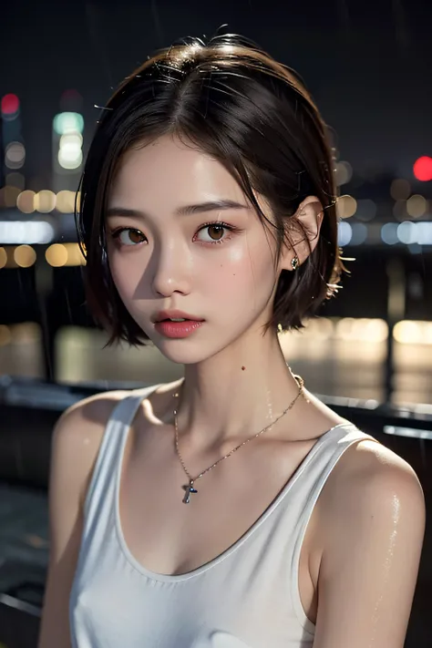 hightquality、​masterpiece、超A high resolution、Beautiful adult woman、a closeup、Thin makeup、Light brown short-cut hair that gets wet、Small necklace、Black sleeveless shirt、Rooftop on a rainy night、Rain falls on the city overlooking、rainy evening、bao phan、stron...