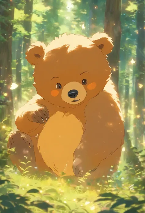 foreshortening,  Depth of field, Masterpiece, Best quality, Cute bear, ln the forest，Illuminated by soft, Dreamy volumetric lighting. Surreal but non-threatening and beautiful. perfectquality, Clear focus