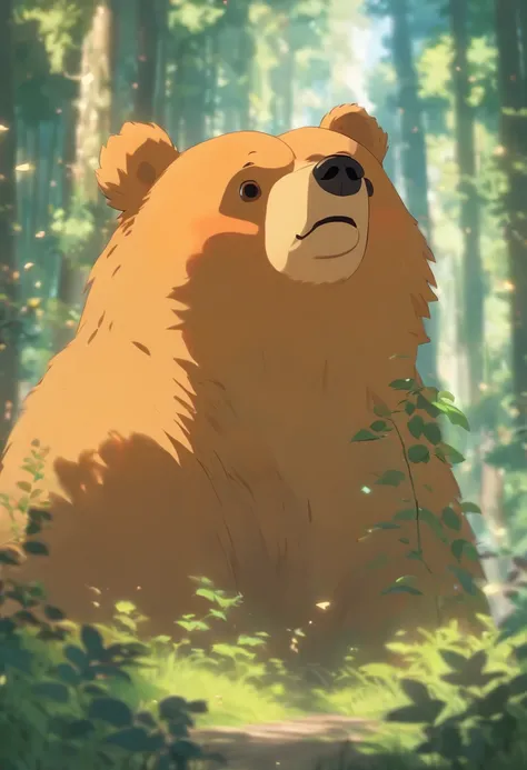 foreshortening,  Depth of field, Masterpiece, Best quality, Cute bear, ln the forest，Illuminated by soft, Dreamy volumetric lighting. Surreal but non-threatening and beautiful. perfectquality, Clear focus