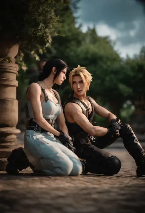 Cloud  Strife und Tifa  Lockheart   Final Fantasy 7 Remake, yuffie fighting monsters, UHD, masterpiece, ccurate, anatomically correct, high quality, high details, super detail, textured skin, best quality, highres, 8k