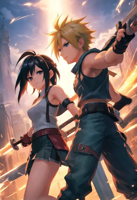 Cloud  Strife und Tifa  Lockheart   Final Fantasy 7 Remake, yuffie fighting monsters, UHD, masterpiece, ccurate, anatomically correct, high quality, high details, super detail, textured skin, best quality, highres, 8k