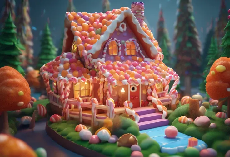 candy house in middle of the forest, gingerbread, sweet house, candy world, marshmallow , generative by AI