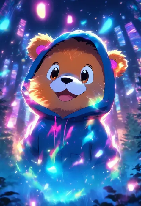 A cute little bear，Wear a trendy sweatshirt，With a hat on，ssmile，Cute action，foreshortening,  Depth of field, Masterpiece, Best quality,ln the forest，Illuminated by soft, Dreamy volumetric lighting. hyper realisitc. perfectquality, Clear focus