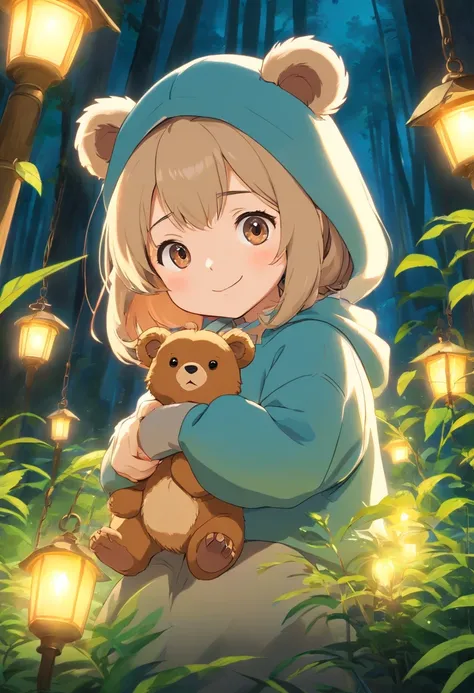 A cute little bear，Generate ultra-high-definition images of chic bears,Expressive eyes，Wear a trendy sweatshirt，With a hat on，ssmile，Cute action，foreshortening,  Depth of field, Masterpiece, Best quality,ln the forest，Illuminated by soft, Dreamy volumetric...