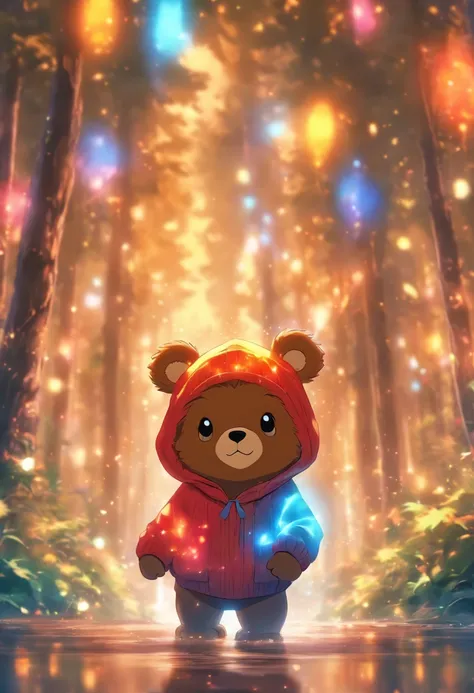 A cute little bear，Wear a stylish sweatshirt，With a hat on，ssmile，Cute action，foreshortening,  Depth of field, Masterpiece, Best quality,ln the forest，Illuminated by soft, Dreamy volumetric lighting. hyper realisitc. perfectquality, Clear focus