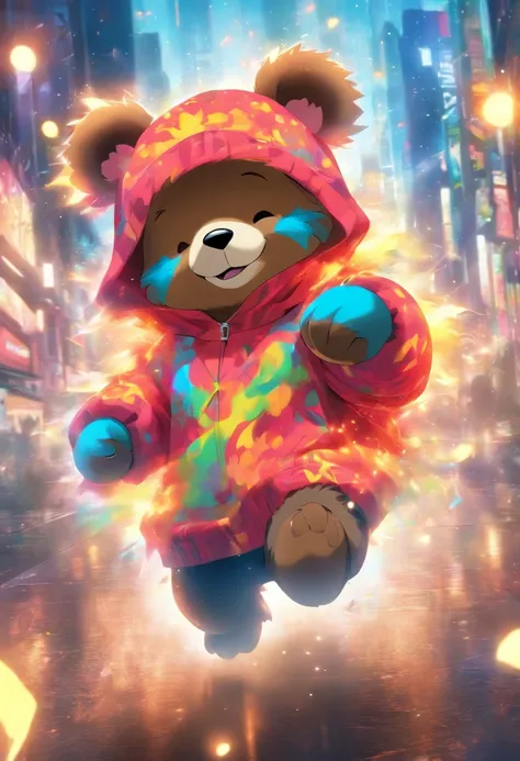 A cute little bear，Wear a stylish sweatshirt，With a hat on，ssmile，Cute action，foreshortening,  Depth of field, Masterpiece, Best quality,ln the forest，Illuminated by soft, Dreamy volumetric lighting. hyper realisitc. perfectquality, Clear focus