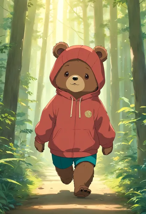 Generate ultra-high-definition images of chic bears,Highlight the intricate details of bear fur,and expressive eyes.A cute little bear，Wear a trendy sweatshirt，With a hat on，ssmile，Cute action，foreshortening, Depth of field, Masterpiece, Best quality,ln th...