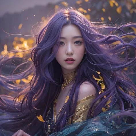 Genki Girl 32K（tmasterpiece，k hd，hyper HD，32K）Long flowing bright purple hair，Autumn Pond，zydink， a color， Asian people （Genki girl）， （Silk scarf）， Combat posture， looking at the ground， long whitr hair， Floating bright purple， Fire cloud pattern gold tiar...