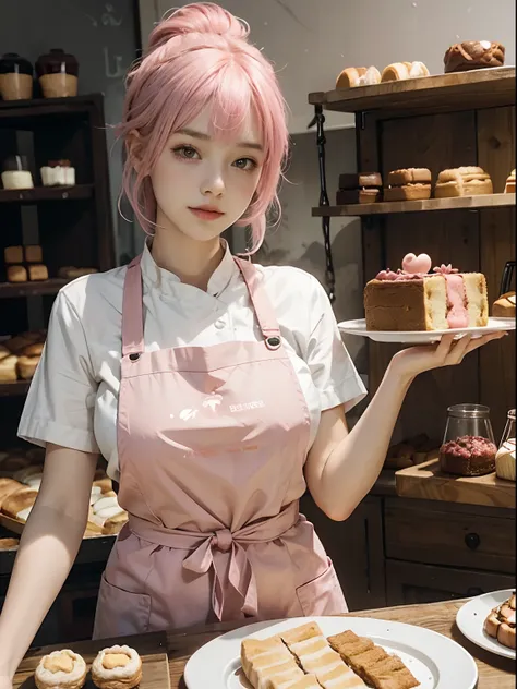 Girl with pink hair，Female shop assistant，Bakery clerk，Pastry chef，aprons，Plate in hand，(high qulity)，(Delicate faces)，Succulent and cute