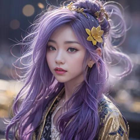 Genki Girl 32K（tmasterpiece，k hd，hyper HD，32K）Long flowing bright purple hair，Autumn Pond，zydink， a color， Asian people （Genki girl）， （Silk scarf）， Combat posture， looking at the ground， long whitr hair， Floating bright purple， Fire cloud pattern gold tiar...