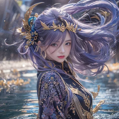 Genki Girl 32K（tmasterpiece，k hd，hyper HD，32K）Long flowing bright purple hair，Autumn Pond，zydink， a color， Asian people （Genki girl）， （Silk scarf）， Combat posture， looking at the ground， long whitr hair， Floating bright purple， Fire cloud pattern gold tiar...