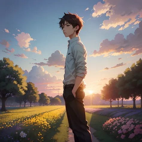 Anime boy in flower field with sunset background, an anime drawing by Makoto Shinkai, pixiv contest winner, serial art, Makoto Shinkais style, makoto shinkai art style, Makoto Shinkai!, Makoto Shinkai!!, Shinkai Makoto style, ( ( Makoto Shinkai ) )，Delicat...