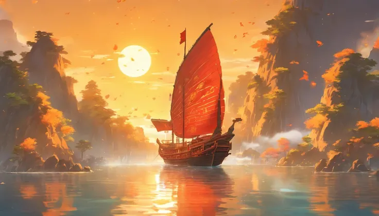 Chinese Ancient Times，in the early morning，afloat，A small sailing ship