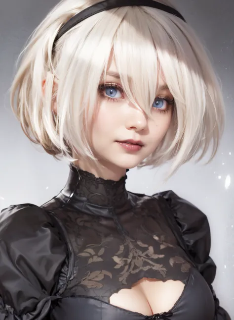 girl with white short hair, hairband, detailed blue eyes, smile, gothic outfit, close-up portrait