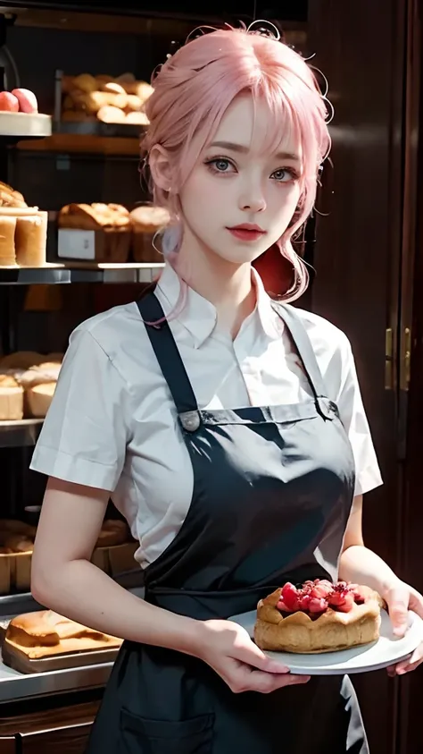 Girl with pink hair，Female shop assistant，Bakery clerk，Pastry chef，aprons，Plate in hand，(high qulity)，(Delicate faces)，Juicy and lovely，Cinematic lighting effects