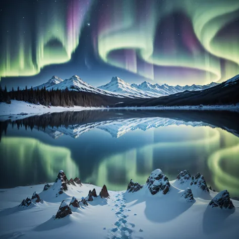 Frozen Lake: A frozen lake surrounded by snow-covered mountains, illuminated by the Northern Lights in the night sky.