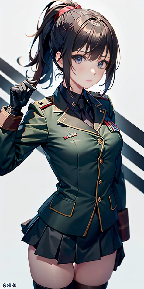 only 1 girl, folded_ponytail, guantes, pistola, militar, nano_miniskirt de mitad de largo en military_uniform, rifle, cielo, solo, upper_body, arma mirando al espectador, obra maestra, mejor calidad,