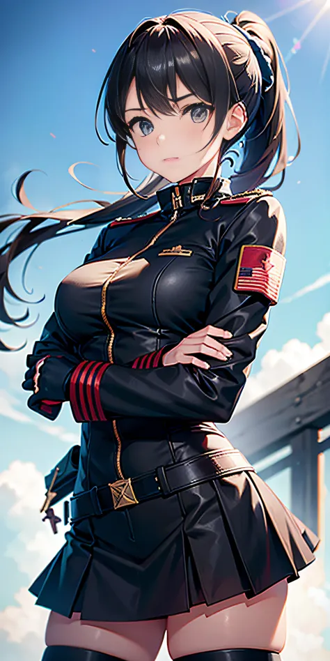 only 1 girl, folded_ponytail, guantes, pistola, militar, nano_miniskirt de mitad de largo en military_uniform, rifle, cielo, solo, upper_body, arma mirando al espectador, obra maestra, mejor calidad,