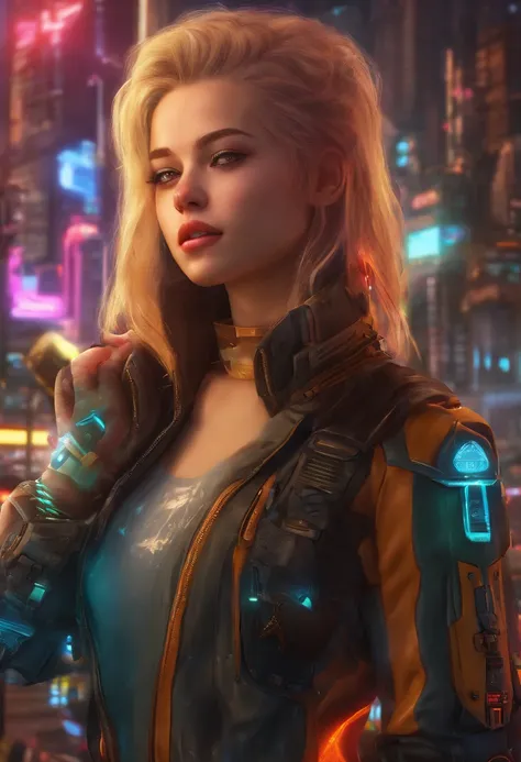 1 girl 15 years old wears a top and mini skirt, und Hohe Stiefel ihre Haare sind Lang und Blond, gorgeous smile big, Hintergrund  Wolken  Sonne, Futuristische Stadt  Cyberpunk, UHD, masterpiece, anatomically correct, textured skin, super detail, high detai...