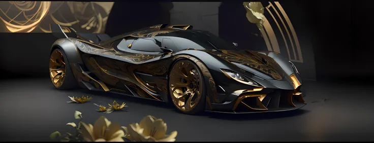 Photo realistic future supercar design by Leonardo DaVinci, Masterpiece, Scandinavian Design, low styling with starry headlights in black and gold patterns with lilies, side view portrait, 20k resolution concept art portrait by Leonardo DaVinci, Artgerm, W...