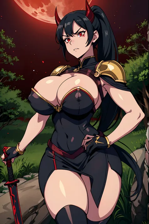 Demon knight, sexy, milf, jet black hair short ponytail, red skin two short horns, gold eyes, white armor with gold trimming, long shiny sword, (gigantic knockers), (hentai like tits), (large breasts), deep cleavage, (nipples are partial), wide hips, (thic...