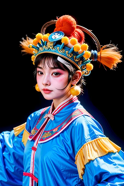 1girll, Solo, , photo-realistic, Ultra detailed,（Peking Opera Half Noodles：1.2） 1 girl, CNOperaCrown, From the front side, view the viewer, Peking Opera costumes,headdress,,(young cute beautiful 18-year-old girl:1.4),  Flat bangs