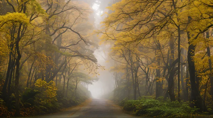 There is a road that is surrounded by trees with yellow leaves, yellow volumetric fog, ouro vibrante, mas sombrio, yellow mist, nevoeiro colorido brilhante, floresta de outono, tranquilidade de outono, floresta nebulosa, na floresta de outono, magic mist, ...