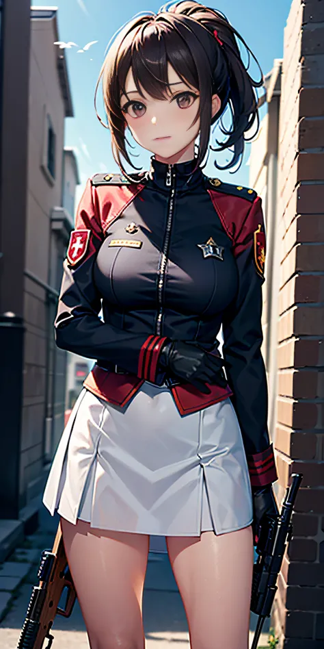 only 1 girl, folded_ponytail, guantes, pistola, militar, nano_miniskirt de mitad de largo en military_uniform, rifle, cielo, solo, upper_body, arma mirando al espectador, obra maestra, mejor calidad,