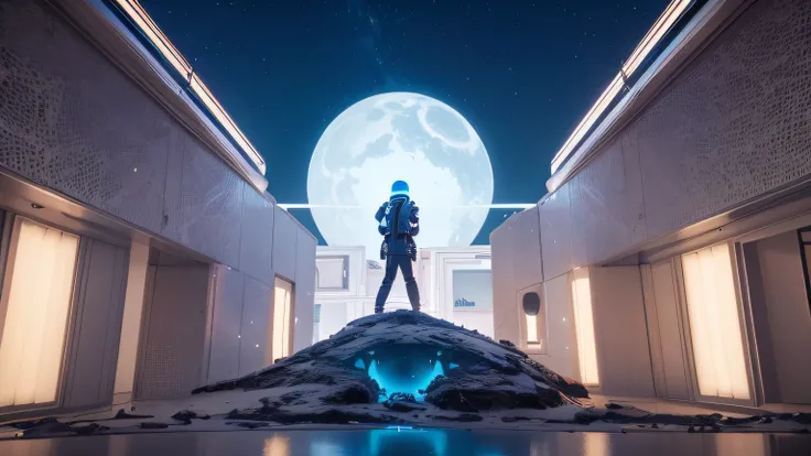 Alien structures, A white living room on the balcony of a building, Alien ship in the sky, Alien structures, Night sky. A robotic silhouette in the background, A distant robot man.  Alien structures, Night sky. White and blue, 8K, Realistic photo, deep col...