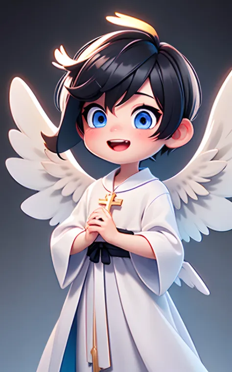 top-quality, 8K, ultra-detailliert, Pixar, 1 male, Angelic appearance, (Short-haired black hair:1.5), Eyes are blue, Yancha Face, (With keen eyes:1.5), (Bad eyes:1.5), Laughing with open mouth, Bad character, (Little white angel wings:1.5), Wearing a cross...