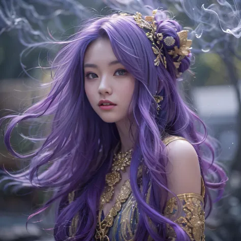 Genki Girl 32K（tmasterpiece，k hd，hyper HD，32K）Long flowing bright purple hair，Autumn Pond，zydink， a color， Asian people （Genki girl）， （Silk scarf）， Combat posture， looking at the ground， long whitr hair， Floating bright purple， Fire cloud pattern gold tiar...