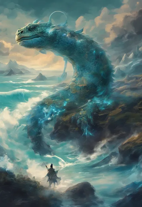 China-style，Chinese mythology，Xuanwu，faucet，Turtle body，Heavy tortoiseshell shell，The snakes tail grows out，has horns on its head，tosen，Ferocious，gargantuan，The eyes glow blue light，the sea，Huge waves，surrounded by cloud，中景 the scene is，Full body like， hig...