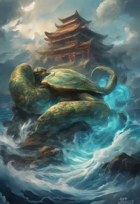 China-style，Chinese mythology，Xuanwu，faucet，Turtle body，Heavy tortoiseshell shell，The snakes tail grows out，has horns on its head，tosen，Ferocious，gargantuan，The eyes glow blue light，the sea，Huge waves，surrounded by cloud，中景 the scene is，Full body like， hig...