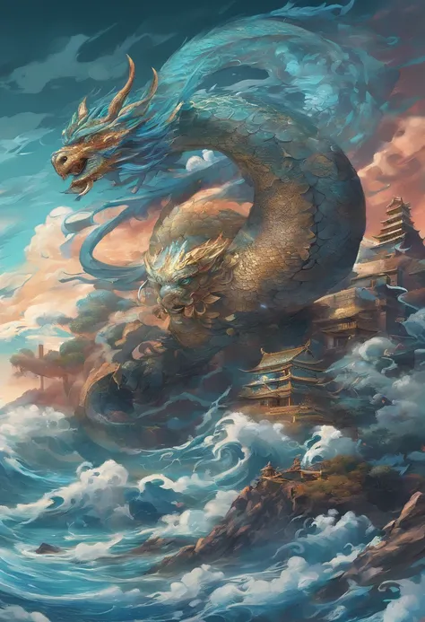 China-style，Chinese mythology，Xuanwu，faucet，Turtle body，Heavy tortoiseshell shell，The snakes tail grows out，has horns on its head，tosen，Ferocious，gargantuan，The eyes glow blue light，the sea，Huge waves，surrounded by cloud，中景 the scene is，Full body like， hig...