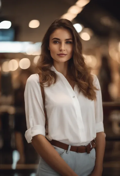 person posing in mall clothing store, best quality, 1 girl, blur background, bokeh, (mall:1.4), ((wearing a white shirt)), Gorgeous, beautiful detailed sky, (dynamic pose:1), soft lighting, wind, ((portrait:1.4)),