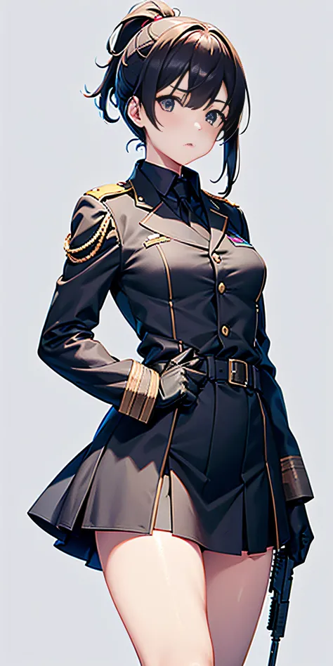 only 1 girl, folded_ponytail, guantes, pistola, militar, nano_miniskirt de mitad de largo en military_uniform, rifle, cielo, solo, upper_body, arma mirando al espectador, obra maestra, mejor calidad,