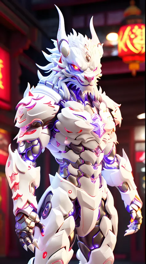 CHINESE WHITE DRAGON, DRAGON HEAD, Heterochromia eye, CRYSTAL ARMOR, TRANSPARANT, MUSCLE BODY.