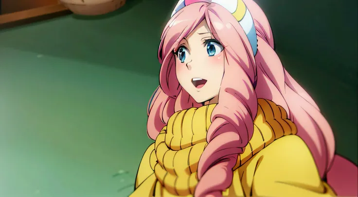 Anime girl with pink hair and blue eyes in a yellow jacket, Haruno Sakura, humanoid pink female squid girl, Anime girl named Lucy, Anime visuals of cute girls, in the anime film, anime still image, in no game no life, close up of a young anime girl, Wallpa...