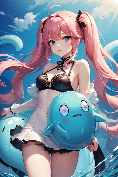 1female、When I was reincarnated, I was a slime character（Mirim）、Demon King Mirim、​masterpiece、top-quality、Mirims Face Accurate、blue eyess、animesque、A pink-haired、Twin-tailed、Proud twintails、