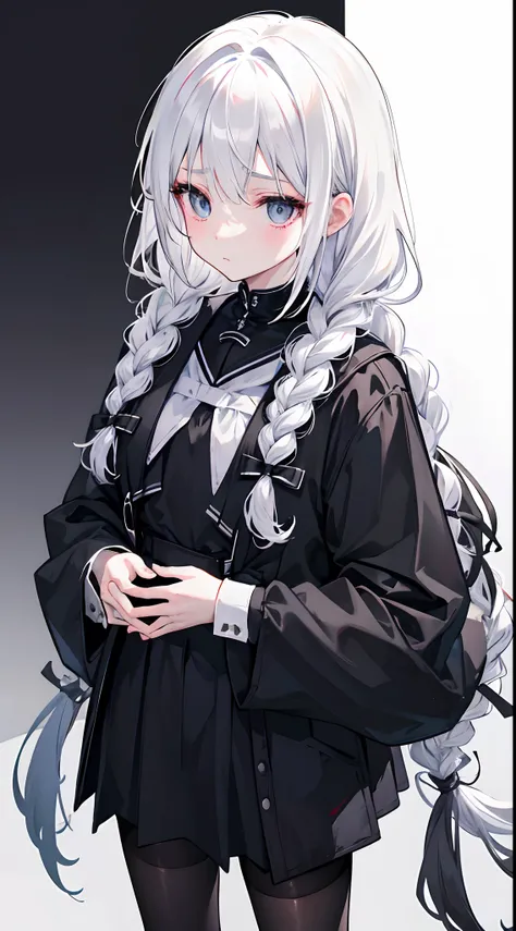 Solo，Facing the viewing angle，White hair，Fishtail braided hairstyle，Braids that hang down the chest，Black school uniform，Black silk tights all over，，Black colored eyes，Black pantyhose，A helpless expression，Fold your hands to your chest，stand posture，White ...