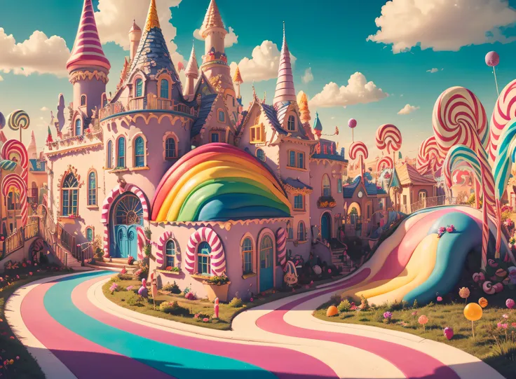 (Masterpiece, best quality:1.3), an (enchanted:1.3) (magical:1.3) (castle), full background, (candyland:1.5), ice cream, no humans, fantasy, rainbow, balloon, sharp focus, colorful, (shiny:1.2), natural lighting, cake, candy, atmosphere, (bloom:0.4), paste...