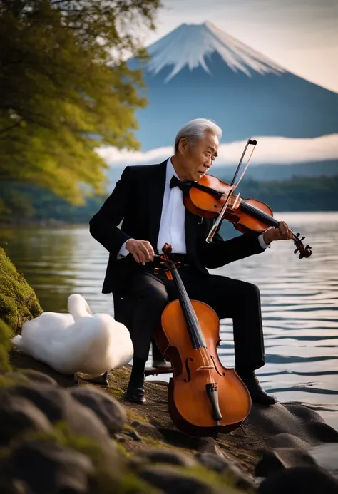 Japan man in his 70s wearing a tuxedo、Playing the cello、Playing on the shore of Lake Yamanaka、Mt. Fuji can be seen beyond the lake、Swans are swimming in the lake、photos realistic、Precise Photography、