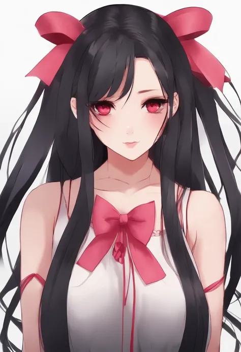 Suzune has long black hair with one braid tied with a pink bow as well as gradient red eyes. She is always seen with a stern look on her face. She has a slim but well-endowed body which makes her stand out as being beautiful,