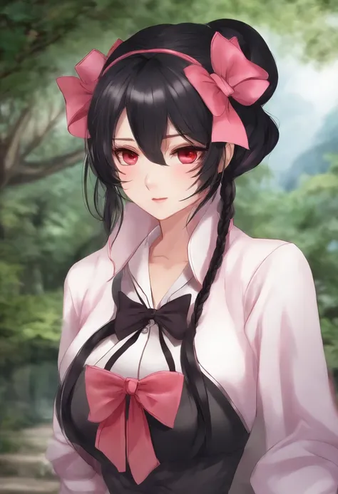 Suzune has long black hair with one braid tied with a pink bow as well as gradient red eyes. She is always seen with a stern look on her face. She has a slim but well-endowed body which makes her stand out as being beautiful,