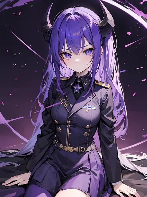 1fille, demon, long cheveux noirs, yeux violet, armure fiction militaire, ville, absurdes, high resolucion, Ultranet, 8k, Masterpiece, Regarder le spectateur