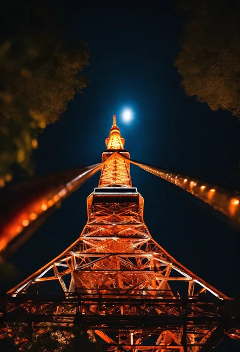 ((Tokyo Tower)) Looking up from directly below, cinematic lightening, ((Night with moonlight and stars)), Core Low Key, top-quality, Hyper-Resolution, Hyper-Realism, sharpness、realisitic、Live Action