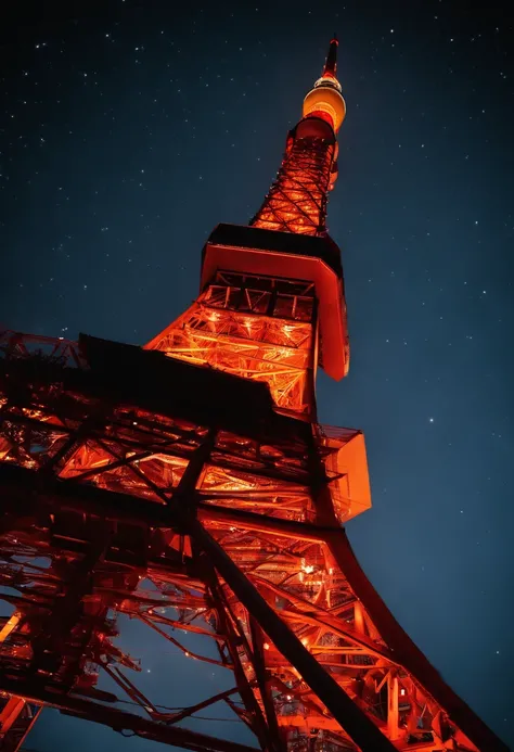 ((Tokyo Tower)) Looking up from directly below, cinematic lightening, ((Night with moonlight and stars)), Core Low Key, top-quality, Hyper-Resolution, Hyper-Realism, sharpness、realisitic、Live Action