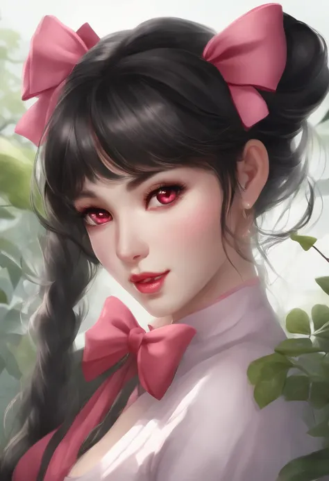 has long black hair with one braid tied with a pink bow as well as gradient red eyes. She is always seen with a stern look on her face. She has a slim but well-endowed body which makes her stand out as being beautiful, even attracting the attentionis a ser...